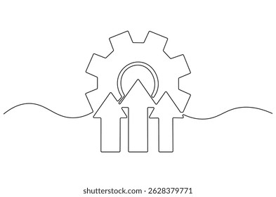 Continuous one line drawing of Arrow up with gear. Single line drawing illustration of Cogwheel with Growth chart. Business growth concept vector art. Doodle line illustration.