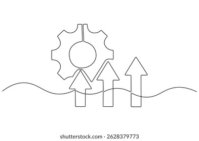 Continuous one line drawing of Arrow up with gear. Single line drawing illustration of Cogwheel with Growth chart. Business growth concept vector art. Doodle line illustration.