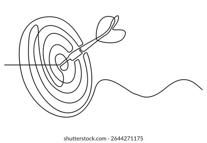 Desenho contínuo de uma linha de seta no alvo. Arqueiro arco negócio desafio metáfora linha arte desenho vetor ilustração, Desenhado em uma única linha contínua. Imagem de um arqueiro profissional.