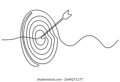 Desenho contínuo de uma linha de seta no alvo. Arqueiro arco negócio desafio metáfora linha arte desenho vetor ilustração, Desenhado em uma única linha contínua. Imagem de um arqueiro profissional.