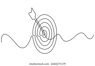 Desenho contínuo de uma linha de seta no alvo. Arqueiro arco negócio desafio metáfora linha arte desenho vetor ilustração, Desenhado em uma única linha contínua. Imagem de um arqueiro profissional.