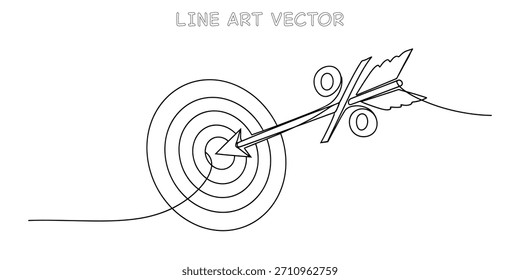 Dibujo continuo de una línea de una flecha que pasa a través de un signo de porcentaje para golpear un objetivo