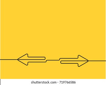 Continuous one line drawing of arrow pointing left and right. Black thin line of two directions arrow icon isolated  on yellow background. Vector illustration for banner, template,web, app, poster.