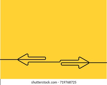 Continuous one line drawing of arrow toward left and right. Black thin line of arrow icon isolated on yellow background. EPS10 vector illustration for banner, template, web, app, poster, postcard.