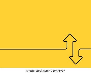 Continuous one line drawing of arrow pointing up and down. Black thin line of two directions arrow icon isolated on yellow background. EPS10 vector illustration for banner, template,web, app, poster.