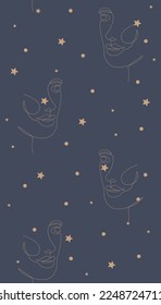Dibujo continuo de una línea de arte de la cara abstracta de la mujer y de las estrellas en el cielo sin fisuras