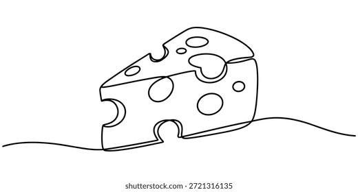 Сheese dibujo continuo de una línea, Сheese en estilo de dibujo de arte de línea continua. Rueda de queso con agujeros y un trozo cortado de ella. Esbozo lineal negro minimalista aislado sobre fondo blanco. Vector