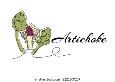 Continuous one line drawing of artichoke. Vector illustration on isolated background.