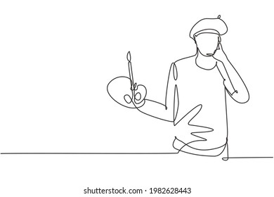 Continuous one line drawing artist painter with call me gesture using painting tools such as brushes, canvas, and watercolors in producing art. Single line draw design vector graphic illustration