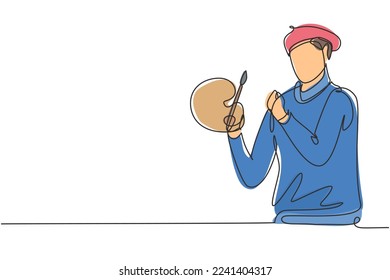 Continuous one line drawing artist painter with celebrate gesture using painting tools such as brushes, canvas, and watercolors in producing art. Single line draw design vector graphic illustration