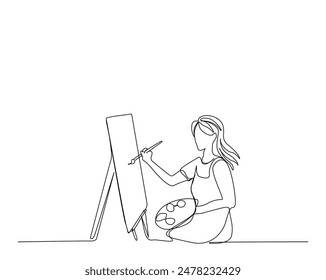 Continuous one line drawing of artist painting in front of an easel. artist with painting board in single outline vector illustration. Editable stroke.