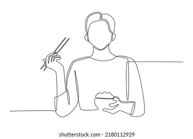 Continuous one line drawing Asian woman eating rice in bowl while raising his chopsticks up and pointing. Eating activity concept. Single line draw design vector graphic illustration. 