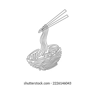 Continuous one line drawing of asian noodle in the bowl. Ramen single line art drawing vector illustration.