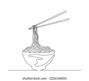 Dibujo continuo de una línea de fideos asiáticos en el tazón. Ilustración vectorial del dibujo de una sola línea Ramen.