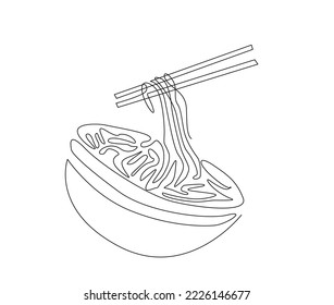 Dibujo continuo de una línea de fideos asiáticos en el tazón. Ilustración vectorial del dibujo de una sola línea Ramen.