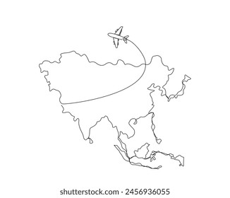 Dibujo continuo de una línea del mapa asiático con el avión. Mapa de Asia combinado con Ilustración vectorial de contorno simple de avión. Trazo editable.