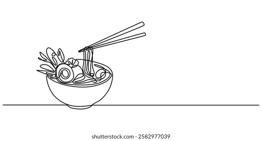 Continuous one line drawing of asian noodle in the bowl. Ramen line art drawing vector illustration, One line illustration of ramen bowl, Spaghetti Line Icon, Chinese food take out box with noodles.