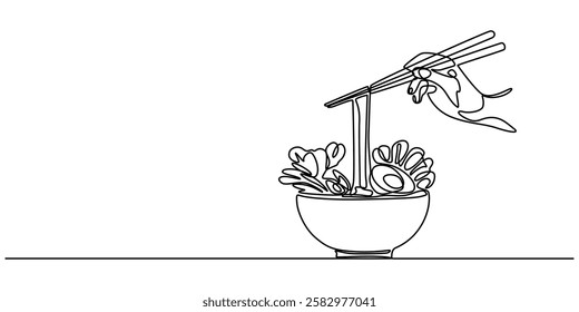 Continuous one line drawing of asian noodle in the bowl. Ramen line art drawing vector illustration, One line illustration of ramen bowl, Spaghetti Line Icon, Chinese food take out box with noodles.