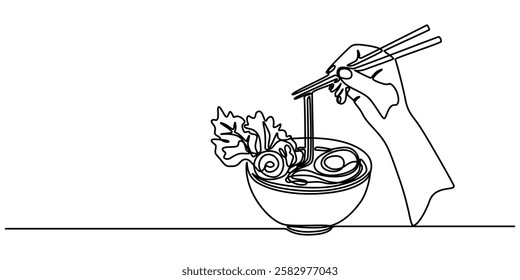 Continuous one line drawing of asian noodle in the bowl. Ramen line art drawing vector illustration, One line illustration of ramen bowl, Spaghetti Line Icon, Chinese food take out box with noodles.