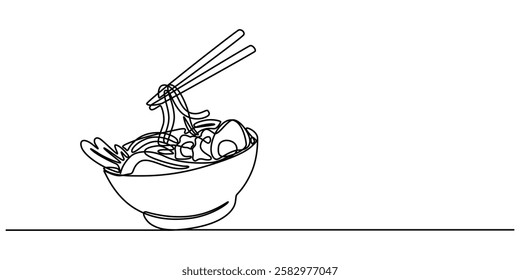 Continuous one line drawing of asian noodle in the bowl. Ramen line art drawing vector illustration, One line illustration of ramen bowl, Spaghetti Line Icon, Chinese food take out box with noodles.