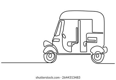 Continuous one line drawing of asian three-wheeled motor vehicle. Auto rikshaw outline illustration. Editable vector.