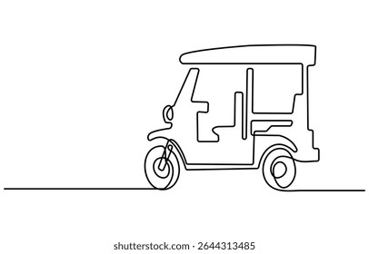 Continuous one line drawing of asian three-wheeled motor vehicle. Auto rikshaw outline illustration. Editable vector.