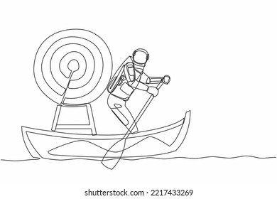 Continuous One Line Drawing Astronaut Sailing Away On Boat With Dartboard Target. Achieve Tech Mission To Win Competition In Moon Surface. Cosmonaut Outer Space. Single Line Design Vector Illustration