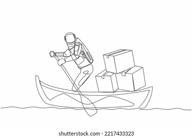 Continuous one line drawing astronaut sailing away on boat with pile of cardboard. Delivery of packages between planets in space. Cosmonaut outer space. Single line design vector graphic illustration svg