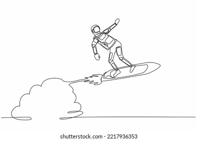 Continuous one line drawing astronaut riding surfing board rocket flying in moon surface. Exploration between planets in the vast space. Cosmonaut outer space. Single line design vector illustration svg
