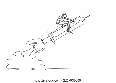 Continuous one line drawing astronaut riding syringe rocket flying in moon surface. Examining the threat of viruses from outer space. Cosmonaut outer space. Single line draw design vector illustration