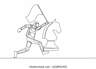 Continuous one line drawing astronaut running and holding flag beside horse chess piece. Celebrating triumph of intergalactic expedition. Cosmonaut outer space. Single line design vector illustration