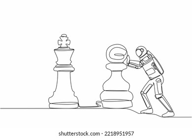 Continuous one line drawing astronaut push huge pawn chess piece to take down king. Big dreams conquer intergalactic exploration. Cosmonaut outer space. Single line design vector graphic illustration