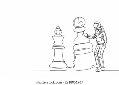 Continuous one line drawing astronaut holding pawn chess piece to beat king chess. Struggle for influence of space business. Cosmonaut outer space. Single line draw design vector graphic illustration
