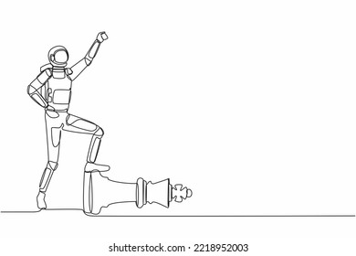 Continuous one line drawing astronaut clench fist up and step on chess king piece in moon surface. Spaceship pilot victory symbol. Cosmonaut outer space. Single line graphic design vector illustration svg