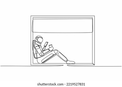 Continuous one line drawing astronaut sitting on windowsill with smartphone coffee in moon surface. Comfortable relax time with hot drink. Cosmonaut outer space. Single line design vector illustration