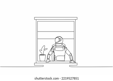 Continuous one line drawing astronaut looking outside window in moon surface. Spaceman with a plant watching out the window. Cosmonaut outer space. Single line draw graphic design vector illustration
