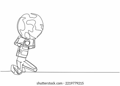 Continuous one line drawing astronaut carrying heavy globe on his back. Earth exploitation, galactic pollution. World population crisis. Cosmonaut outer space. Single line design vector illustration