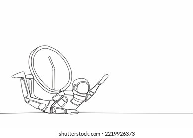 Continuous one line drawing of astronaut under heavy wall clock burden. Spaceman expedition within deadline and timeline, under pressure. Cosmonaut outer space. Single line design vector illustration