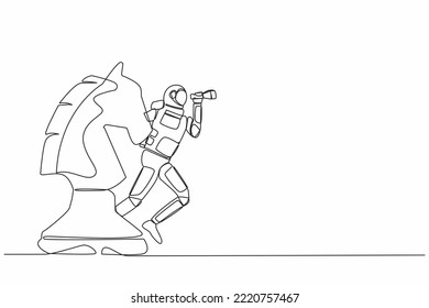 Continuous one line drawing of astronaut standing on horse chess piece using telescope to see galactic vision. Strategy in space industry. Cosmonaut outer space. Single line design vector illustration