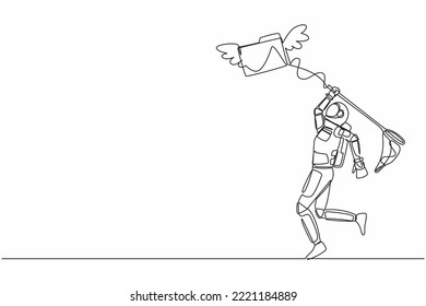 Continuous one line drawing astronaut try to catch flying folder icon with butterfly net. Analysis spaceship document, file archive. Cosmonaut outer space. Single line draw design vector illustration