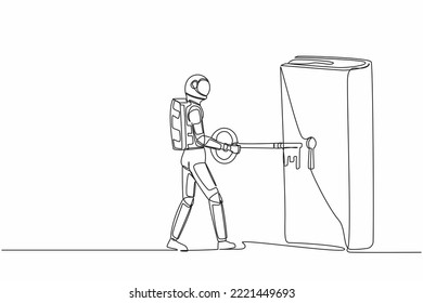 Continuous one line drawing astronaut putting key into book. Unlock textbook and knowledge for space expedition. Key to new information. Cosmonaut outer space. Single line design vector illustration