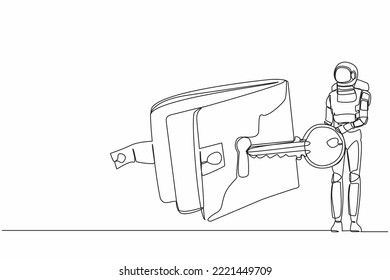 Continuous one line drawing of astronaut put key into wallet. Money protection and financial security for secure spaceship launching. Cosmonaut outer space. Single line draw design vector illustration