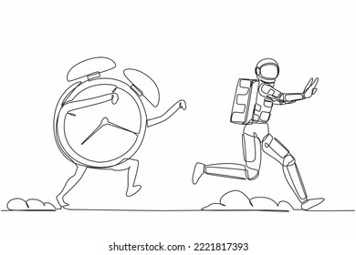Continuous one line drawing astronaut being chased by alarm clock. Hurry in expedition deadline project. Running out of working time. Cosmonaut outer space. Single line draw design vector illustration