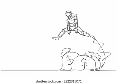 Continuous one line drawing astronaut jumping over money bag. Loan capital funding for space company, money help in crisis. Cosmonaut outer space. Single line draw graphic design vector illustration