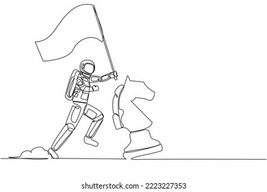 Continuous one line drawing astronaut running and holding flag beside horse chess piece. Celebrating triumph of intergalactic expedition. Cosmonaut outer space. Single line design vector illustration