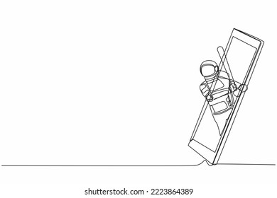 Continuous one line drawing astronaut baseball player ready to hit the ball getting out of smartphone screen. Mobile sports play matches. Cosmonaut outer space. Single line design vector illustration