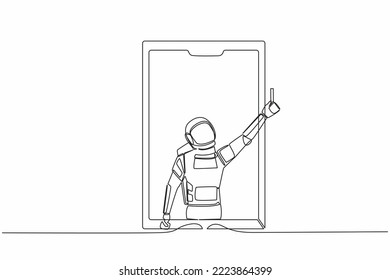 Continuous one line drawing of astronaut soccer referee showing yellow card out of smartphone screen. Smartphone with app soccer football. Cosmonaut outer space. Single line design vector illustration
