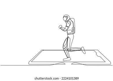 Continuous one line drawing astronaut running on smartphone screen treadmill. Exercise fitness app and sport. Cardio control digital. Cosmonaut outer space. Single line draw design vector illustration