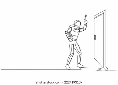 Continuous one line drawing astronaut lifting key in front of door. Spaceman hold key to open space room. Starting spaceship expedition. Cosmonaut outer space. Single line design vector illustration