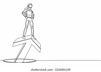 Continuous one line drawing astronaut standing on big arrow coming out of holes. Spaceman lead financial graph rising from hole. Cosmonaut outer space. Single line graphic design vector illustration